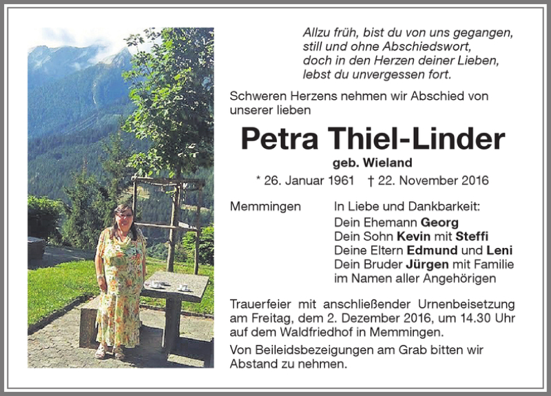  Traueranzeige für Petra Thiel-Linder vom 29.11.2016 aus Memminger Zeitung