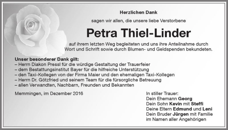  Traueranzeige für Petra Thiel-Linder vom 10.12.2016 aus Memminger Zeitung