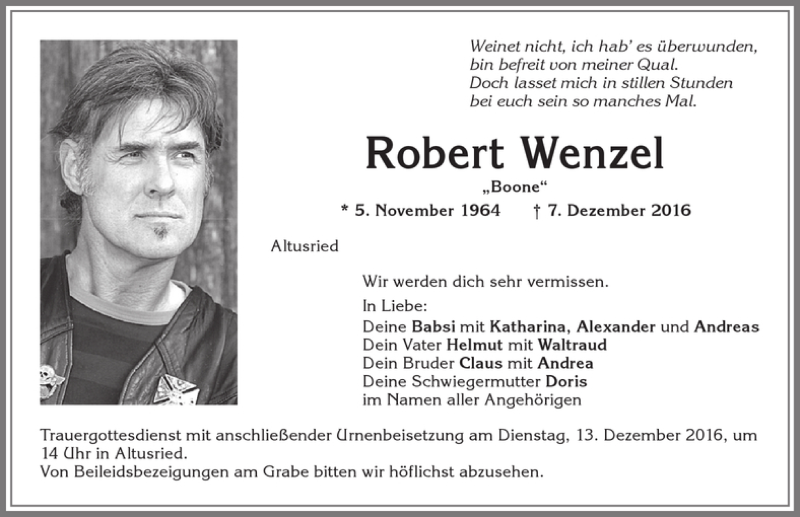  Traueranzeige für Robert Wenzel vom 09.12.2016 aus Allgäuer Zeitung,Kempten