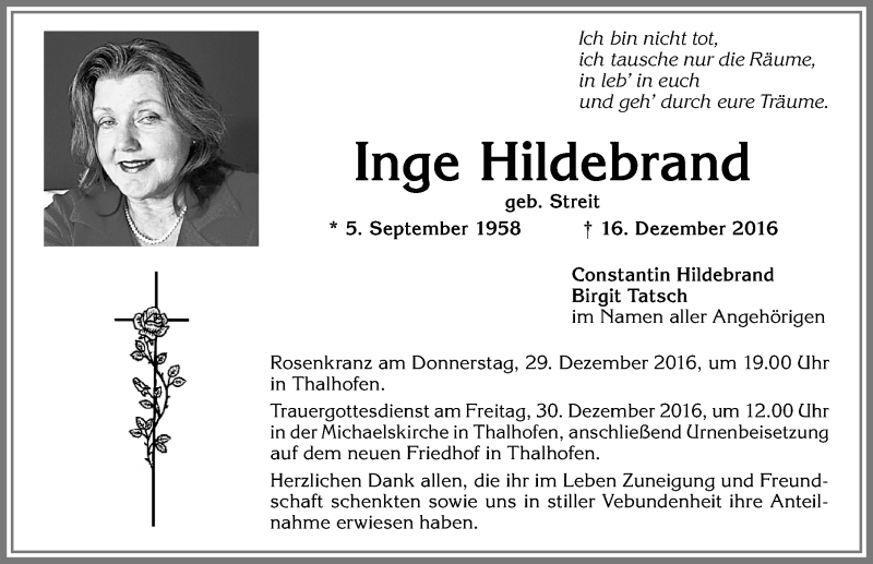  Traueranzeige für Inge Hildebrand vom 27.12.2016 aus Allgäuer Zeitung, Marktoberdorf