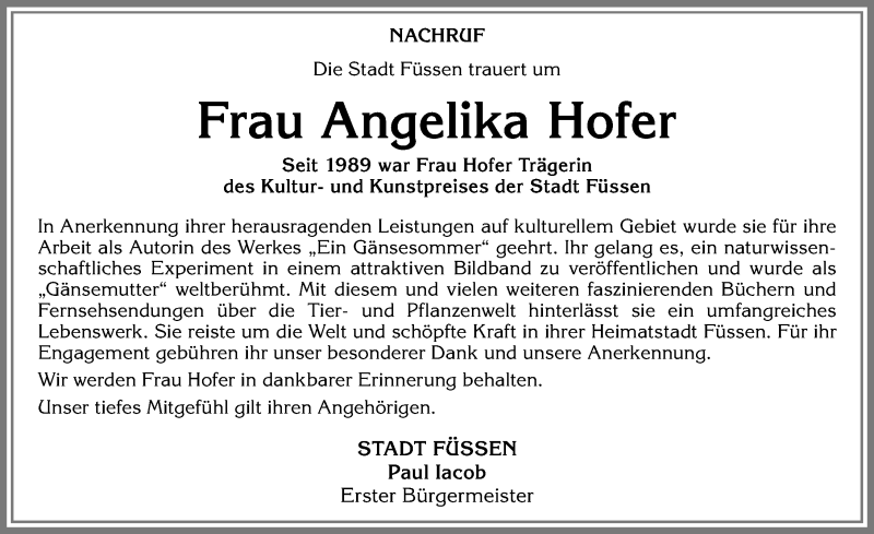  Traueranzeige für Angelika Hofer vom 07.01.2017 aus Allgäuer Zeitung, Füssen