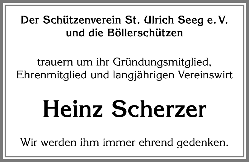  Traueranzeige für Heinz Scherzer vom 17.01.2017 aus Allgäuer Zeitung, Füssen