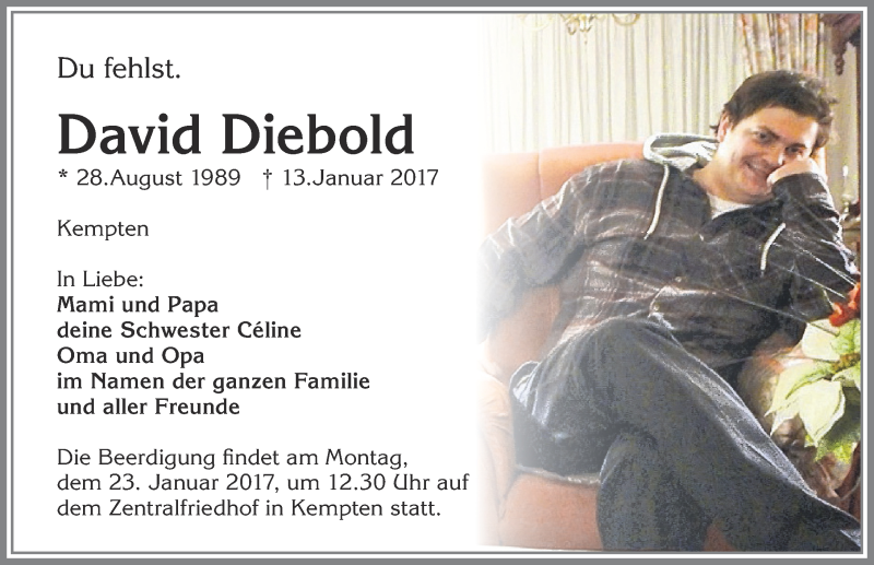  Traueranzeige für David Diebold vom 21.01.2017 aus Allgäuer Zeitung,Kempten