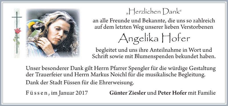  Traueranzeige für Angelika Hofer vom 21.01.2017 aus Allgäuer Zeitung, Füssen