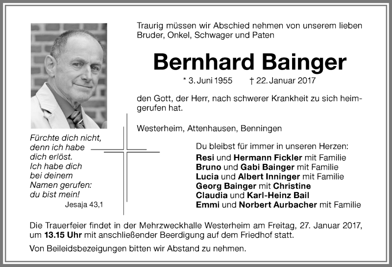  Traueranzeige für Bernhard Bainger vom 25.01.2017 aus Memminger Zeitung