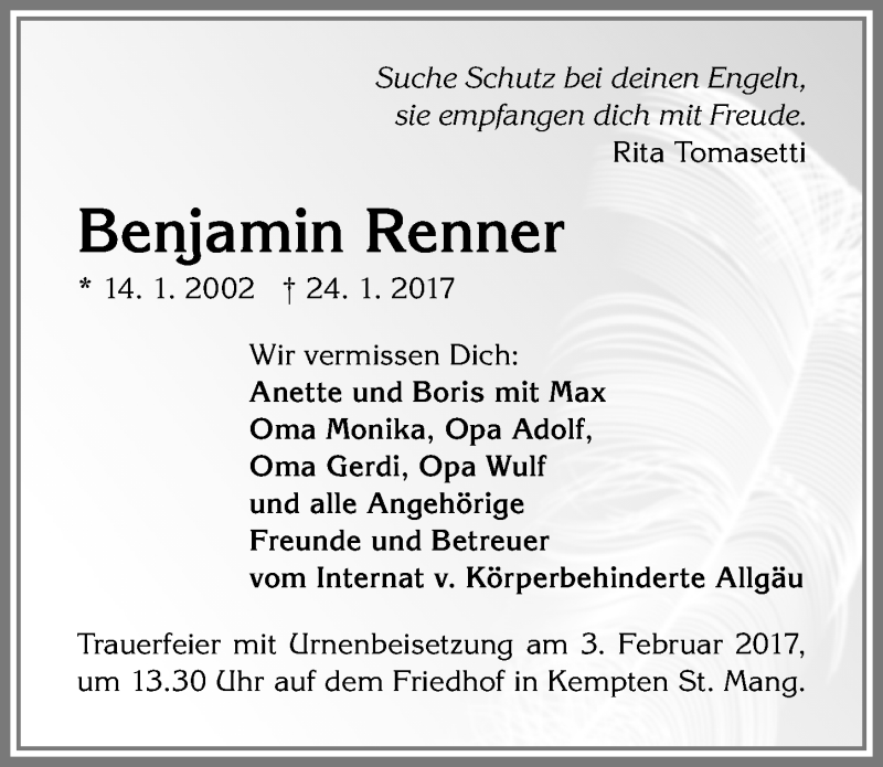  Traueranzeige für Benjamin Renner vom 31.01.2017 aus Allgäuer Zeitung,Kempten