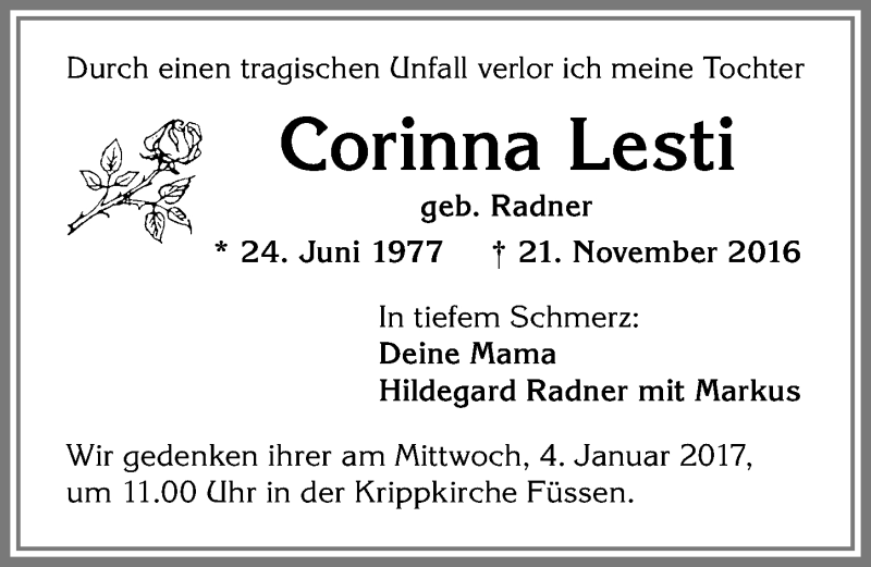  Traueranzeige für Corinna Lesti vom 02.01.2017 aus Allgäuer Zeitung, Füssen
