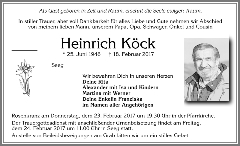  Traueranzeige für Heinrich Köck vom 22.02.2017 aus Allgäuer Zeitung, Füssen