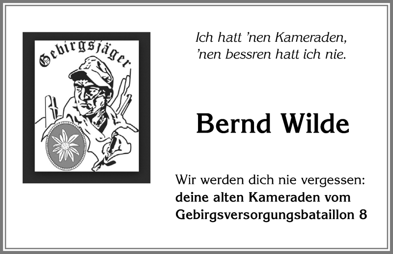  Traueranzeige für Bernd Wilde vom 22.02.2017 aus Allgäuer Zeitung, Füssen