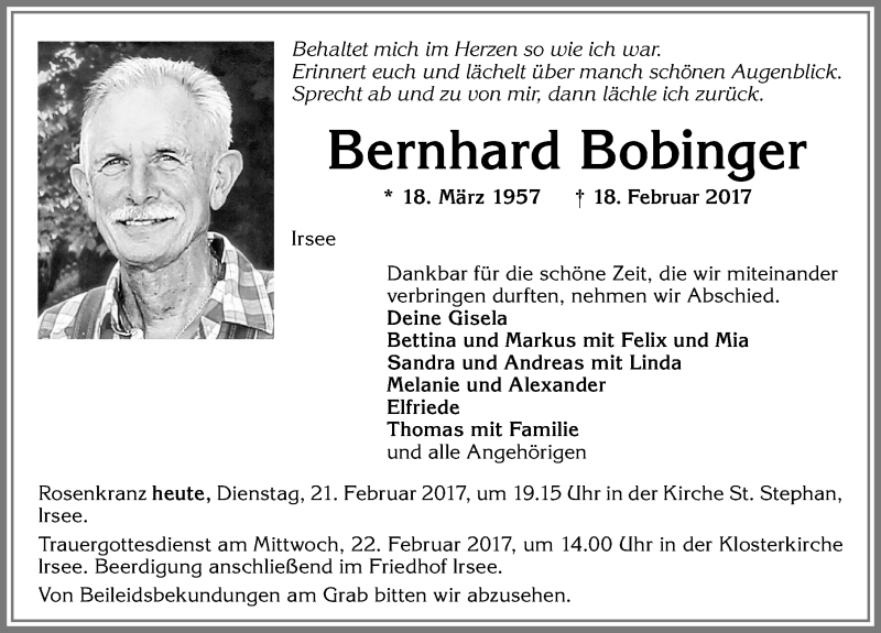  Traueranzeige für Bernhard Bobinger vom 21.02.2017 aus Allgäuer Zeitung, Kaufbeuren/Buchloe