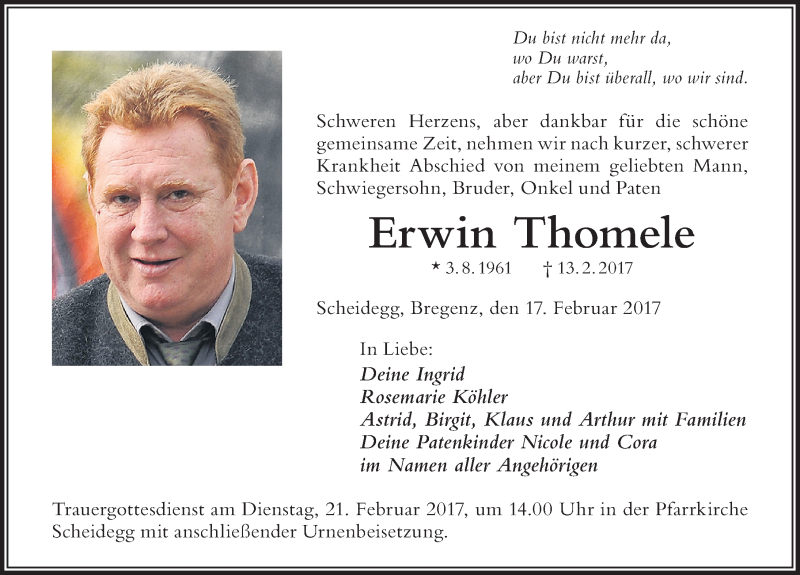  Traueranzeige für Erwin Thomele vom 17.02.2017 aus Der Westallgäuer