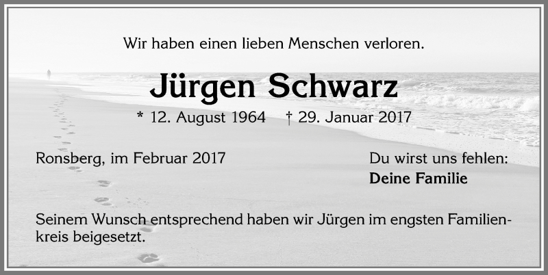  Traueranzeige für Jürgen Schwarz vom 06.02.2017 aus Allgäuer Zeitung, Marktoberdorf