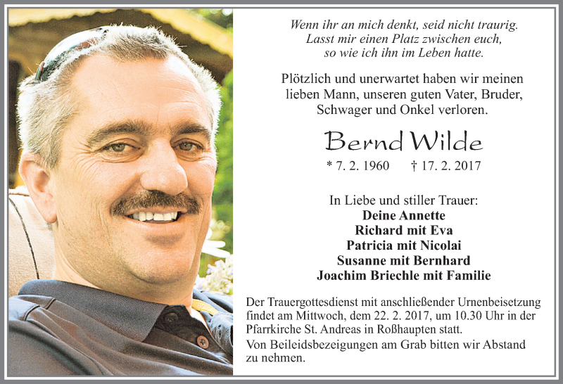  Traueranzeige für Bernd Wilde vom 20.02.2017 aus Allgäuer Zeitung, Füssen