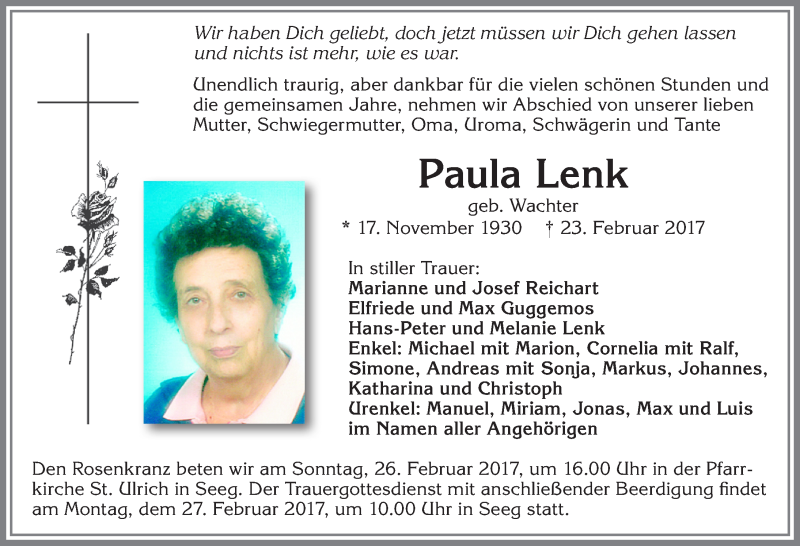  Traueranzeige für Paula Lenk vom 25.02.2017 aus Allgäuer Zeitung, Füssen