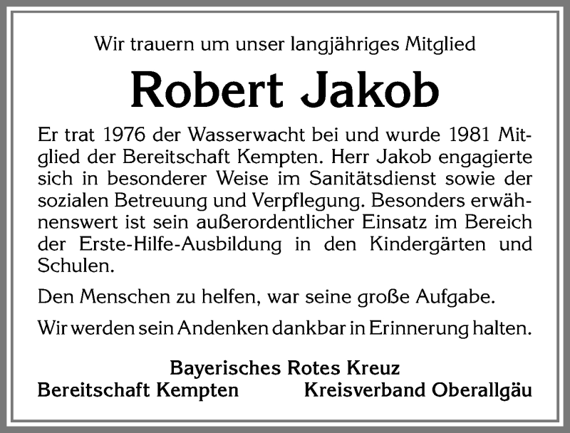  Traueranzeige für Robert Jakob vom 04.02.2017 aus Allgäuer Zeitung,Kempten