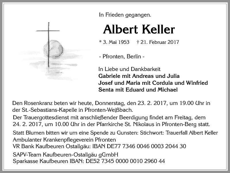  Traueranzeige für Albert Keller vom 23.02.2017 aus Allgäuer Zeitung, Füssen