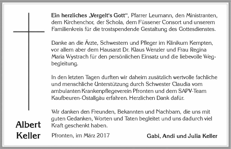  Traueranzeige für Albert Keller vom 03.03.2017 aus Allgäuer Zeitung, Füssen