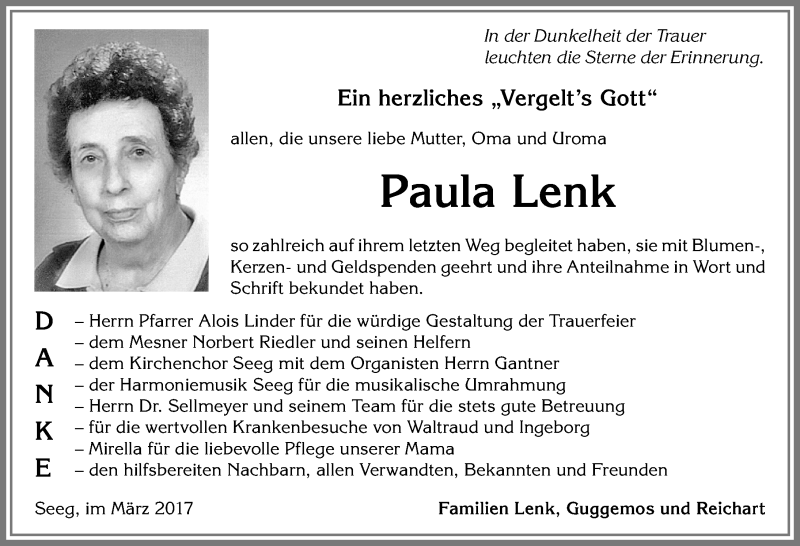  Traueranzeige für Paula Lenk vom 10.03.2017 aus Allgäuer Zeitung, Füssen