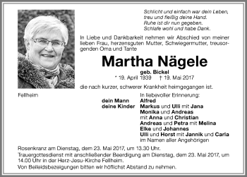 Traueranzeige von Martha Nägele von Memminger Zeitung