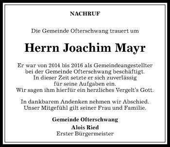 Traueranzeige von Joachim Mayr von Allgäuer Anzeigeblatt