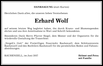 Traueranzeige von Erhard Wolf von Allgäuer Anzeigeblatt