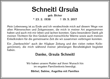 Traueranzeige von Ursula Schneitl von Allgäuer Zeitung,Kempten