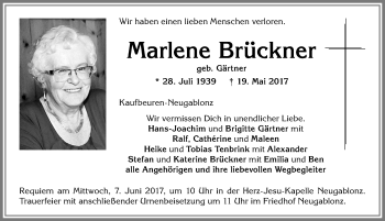Traueranzeige von Marlene Brückner von Allgäuer Zeitung, Kaufbeuren/Buchloe