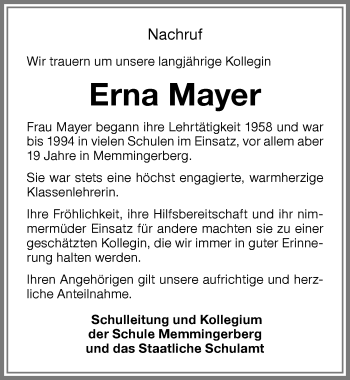 Traueranzeige von Erna Mayer von Memminger Zeitung