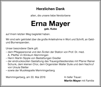 Traueranzeige von Erna Mayer von Memminger Zeitung
