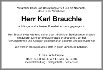 Traueranzeige von Karl Brauchle von Memminger Zeitung