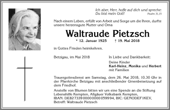 Traueranzeige von Waltraude Pietzsch von Allgäuer Zeitung,Kempten