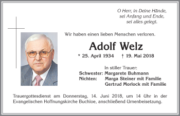 Traueranzeige von Adolf Welz von Allgäuer Zeitung, Kaufbeuren/Buchloe
