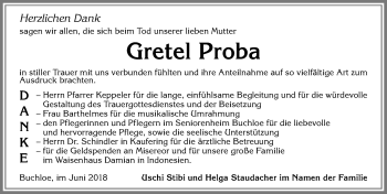 Traueranzeige von Gretel Proba von Allgäuer Zeitung, Kaufbeuren/Buchloe