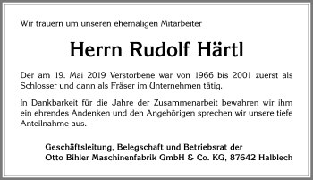 Traueranzeige von Rudolf Härtl von Allgäuer Zeitung, Füssen