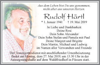 Traueranzeige von Rudolf Härtl von Allgäuer Zeitung, Füssen