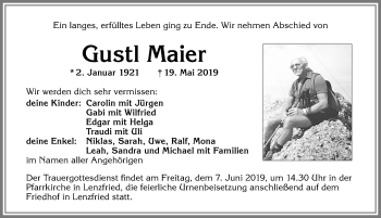 Traueranzeige von Gustl Maier von Allgäuer Zeitung,Kempten