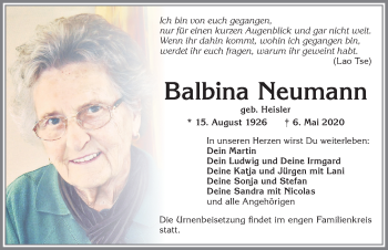 Traueranzeige von Balbina Neumann von Allgäuer Zeitung, Kaufbeuren/Buchloe