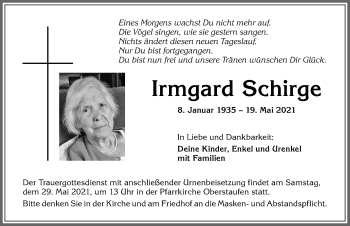Traueranzeige von Irmgard Schirge von Allgäuer Anzeigeblatt