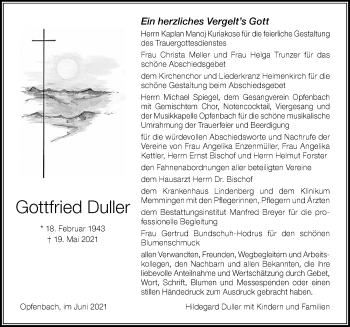 Traueranzeige von Gottfried Duller von Der Westallgäuer