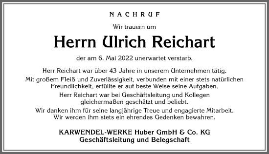 Traueranzeige von Ulrich Reichart von Allgäuer Zeitung, Kaufbeuren/Buchloe