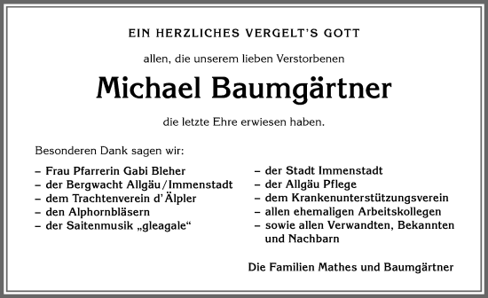 Traueranzeige von Michael Baumgärtner von Allgäuer Anzeigeblatt