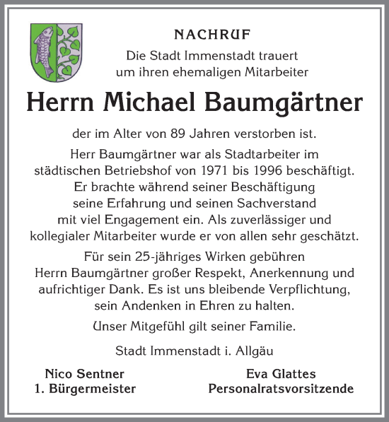 Traueranzeige von Michael Baumgärtner von Allgäuer Anzeigeblatt