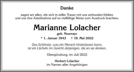 Traueranzeige von Marianne Lolacher von Allgäuer Zeitung, Marktoberdorf