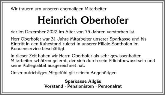 Traueranzeige von Heinrich Oberhofer von Allgäuer Anzeigeblatt
