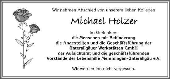 Traueranzeige von Michael Holzer von Mindelheimer Zeitung, Augsburger Allgemeine