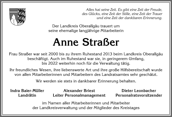 Traueranzeige von Anne Straßer von Allgäuer Anzeigeblatt