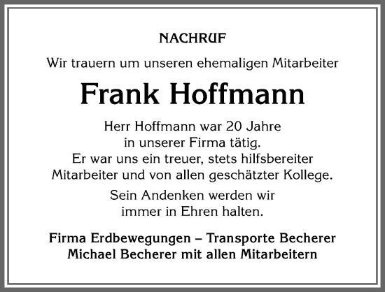 Traueranzeige von Frank Hoffmann von Allgäuer Anzeigeblatt