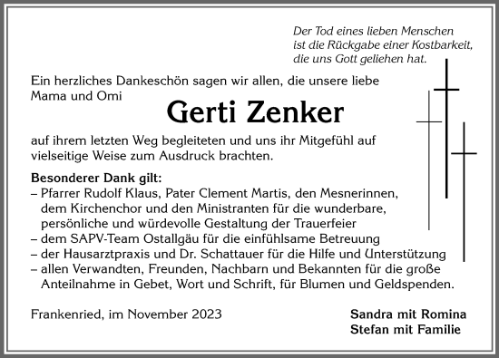 Traueranzeige von Gerti Zenker von Allgäuer Zeitung, Kaufbeuren/Buchloe