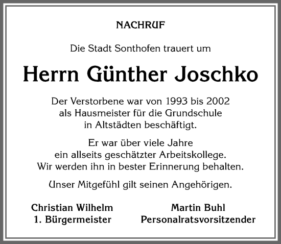 Traueranzeige von Günther Joschko von Allgäuer Anzeigeblatt