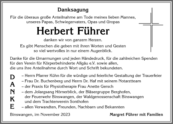 Traueranzeige von Herbert Führer von Allgäuer Anzeigeblatt